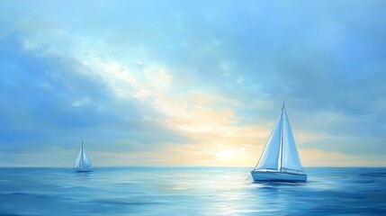 Pastel Sky and Sailboats: Capture a pastel-blue sky over a calm ocean with sailboats