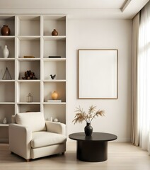 A cozy living room with a white armchair, a black side table, a potted plant, and a large white shelving unit filled with decorative items, surrounded by warm wood paneling , featuring a soft rug .