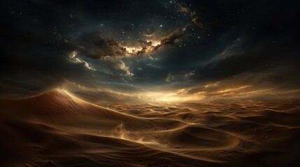 Obraz premium Stunning Desert Landscape Under Starry Sky with Dramatic Clouds and Warm Sunlight at Twilight