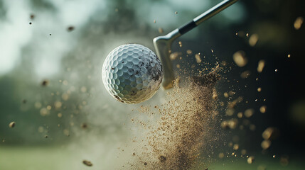 Capture the moment a closeup of a golf club striking a ball in dirt and grass with dynamic action and detail