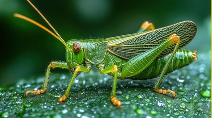 Fototapeta premium Close-up of a vibrant green grasshopper on a dew-covered leaf.