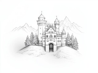 Obraz premium Enchanting Hand-Drawn Castle Surrounded by Majestic Mountains and Trees