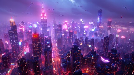 Fototapeta premium Futuristic cityscape at night, vibrant neon lights illuminate skyscrapers and flying vehicles.