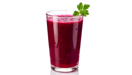 Healthy beetroot smoothie with a sprig of parsley in a glass on a white background and copy space