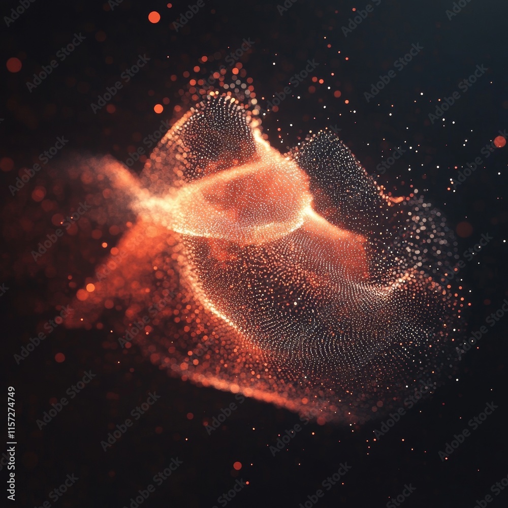 Poster digital particles forming abstract shapes with glowing edges in a dark background showcasing intrica