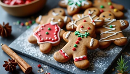 Obraz premium Decorated gingerbread cookies arranged on dark gray stone surface. Festive homemade Christmas treats with colorful icing, sprinkles. Christmas cookies in various shapes. Traditional Christmas