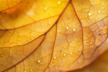 Fototapeta premium A macro shot capturing the intricate details of a yellow autumn leaf with water droplets, highlighting the beauty and fragility of seasonal change.