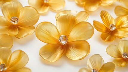 A collection of delicate golden flowers adorned with sparkling centers, set against a light background, creating an elegant and cheerful aesthetic.