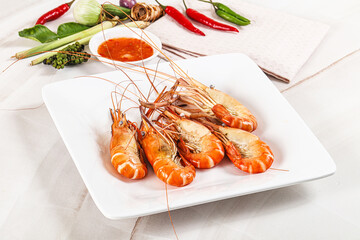 Boiled tiger prawn with sauce