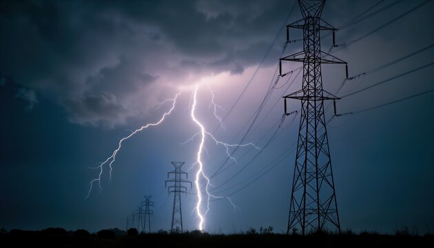 Powerful lightning bolt strikes power lines at night during storm. Dark dramatic sky with storm clouds. Lightning illuminates power grid infrastructure. Dramatic weather event shows energy power