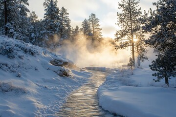 Serene winter landscape featuring misty river and snow-covered t