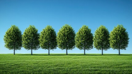 Obraz premium Six lush green trees in a row on a grassy field under a clear blue sky.