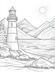 Serene Landscape Featuring a Lighthouse Amidst Majestic Mountains and Water