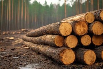 A serene image of large pine logs stacked neatly in a misty forest, illustrating logging activities, natural resources, and the balance between industry and nature.