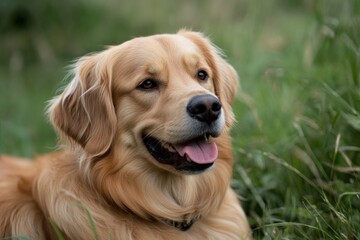 A golden retriever with a joyful expression rests in a lush field of green grass, embodying happiness and companionship under the gentle sun's warmth.