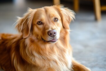 A golden retriever with glossy fur lies down on a floor in a sunlit room, exuding tranquility and a sense of companionship in a cozy environment.