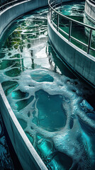 Top down view of turquoise wastewater ponds with circular pathways