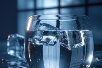 Crystal-clear water in a glass with melting ice cubes, refreshing and cool.
