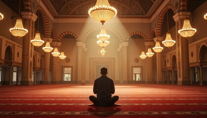 Man praying alone inside illuminated mosque interior