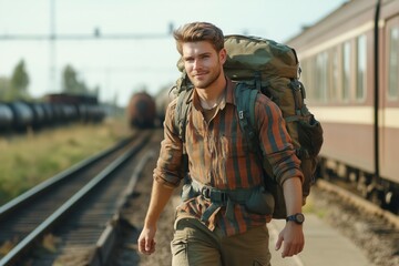 Fototapeta premium Beautiful young man dressed colorfully and waiting for a train in a train station, carrying a backpack and preparing to leave on a holiday.