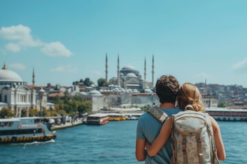 Fototapeta premium Couple, man and woman, holding each other contemplating a view of Istanbul, Turkey, on a summer day.