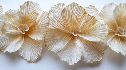 Delicate paper flowers in soft beige tones, arranged beautifully, showcasing intricate textures and layers.