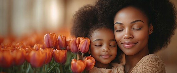 Fototapeta premium Tender Embrace Mother and Daughter amidst Tulips