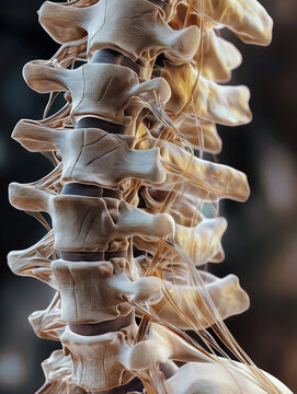 Detaillierte anatomische Darstellung der menschlichen Halswirbels&auml;ule zeigt Knochen, Bandscheiben und Nervenbahnen in medizinischer Pr&auml;zision