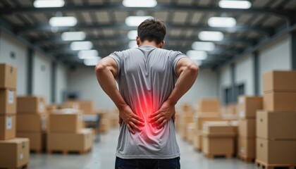 Man experiencing lower back pain in warehouse, red highlight effect