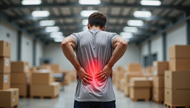 Man experiencing lower back pain in warehouse, red highlight effect