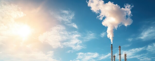 A factory emits smoke into a clear blue sky, contrasting industrial activity with natural elements.