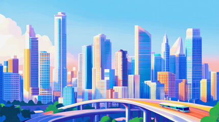 Obraz premium Modern city skyline with vibrant colors and futuristic architecture at sunset. Generative AI