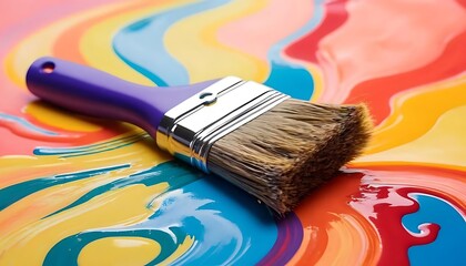 Fototapeta premium Paintbrush rests on colorful swirling paint