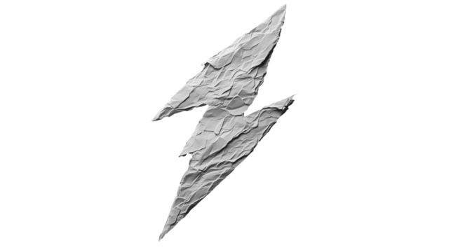 Gray paper piece shaped like lightning bolt with rough edges isolated on a transparent background