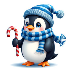 Naklejka premium Adorable penguin in winter attire holding a candy cane with a cheerful expression, digital art of character design concept.