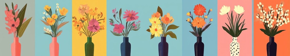Obraz premium Vibrant Floral Arrangements Colorful Vases Pastel Background Simple Style