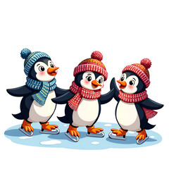Fototapeta premium Playful penguins on ice skates with colorful scarves and hats in a winter wonderland setting, digital illustration of character illustration concept.