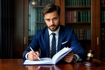 Young man wearing blue suit sits in the office at the table with pen in his right hand and folder of papers in his left hand.