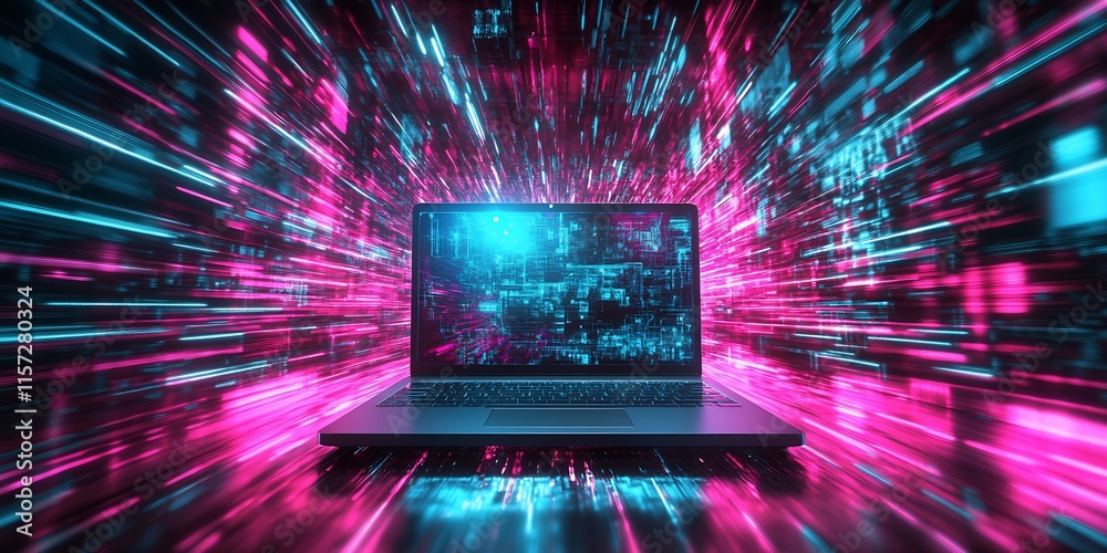 Poster futuristic laptop surrounded by vibrant neon lights in digital space : generative ai