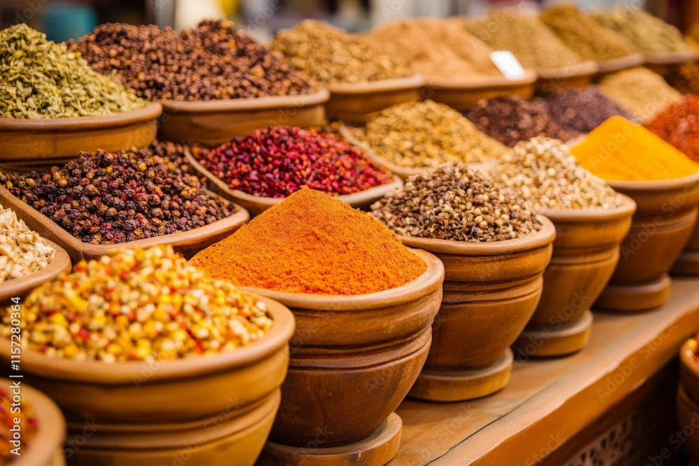 Poster An array of colorful spices in wooden bowls displayed at a vibrant market, showcasing a rich variety of culinary essentials and aromas, enticing the senses.