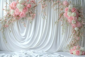 Wedding backdrop, photography background with delicate flowers and white satin drapes