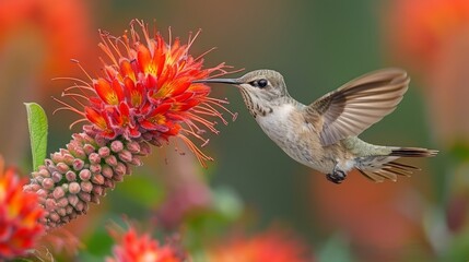 Fototapeta premium Hummingbird feeding on vibrant orange flower.