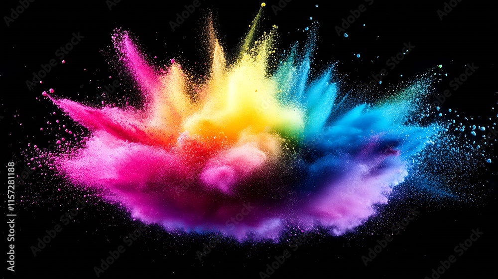 Poster vibrant explosion of multicolored powder on black background : generative ai