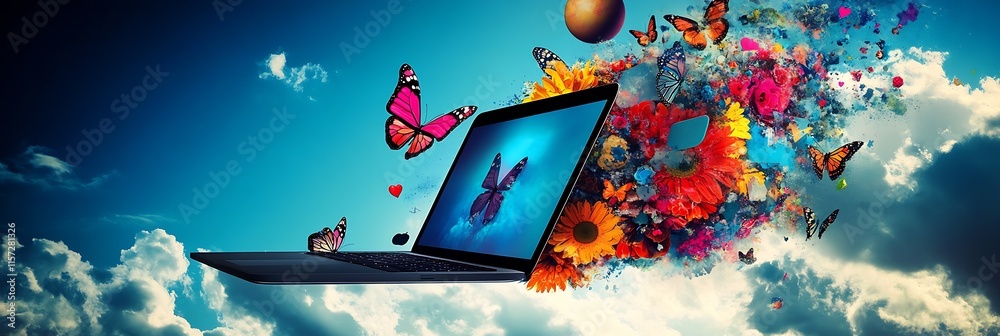 Poster digital art of vibrant butterflies and flowers emanating from a laptop into the sky : generative ai
