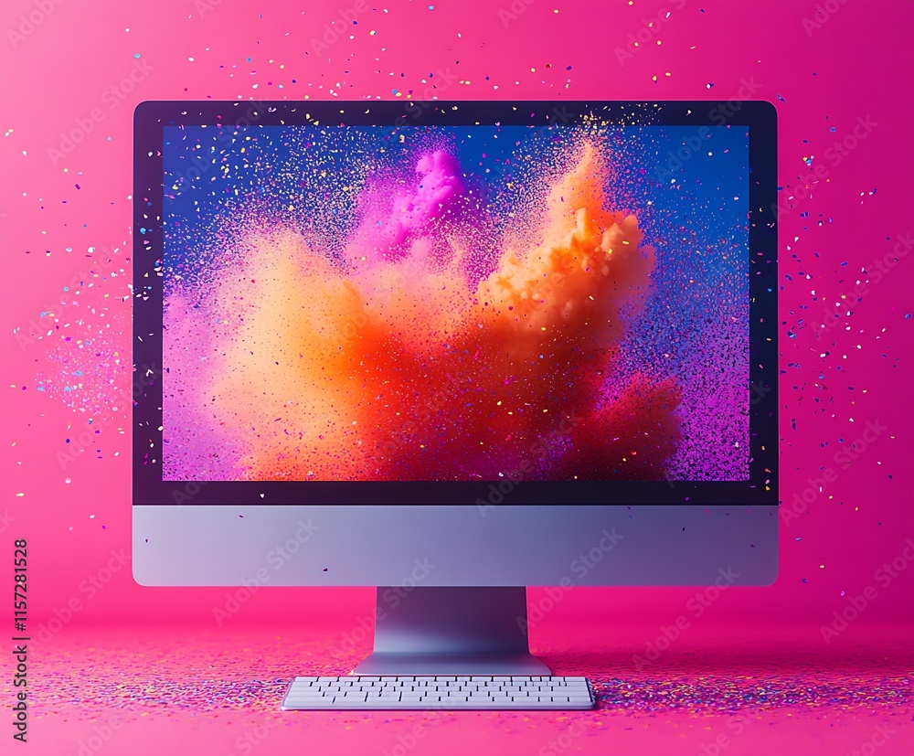 Leinwandbilder vibrant computer screen with explosive colorful powder on pink background : generative ai