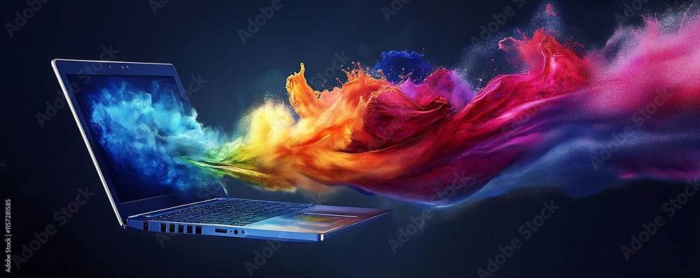 Poster creative explosion of colorful paint emerging from laptop in digital artwork : generative ai