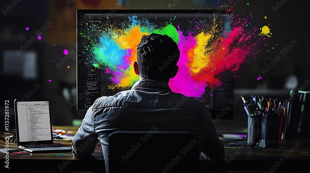 Aufkleber Colorful Creative Design on Computer Screen with Artistic Vibrant Splatter : Generative AI