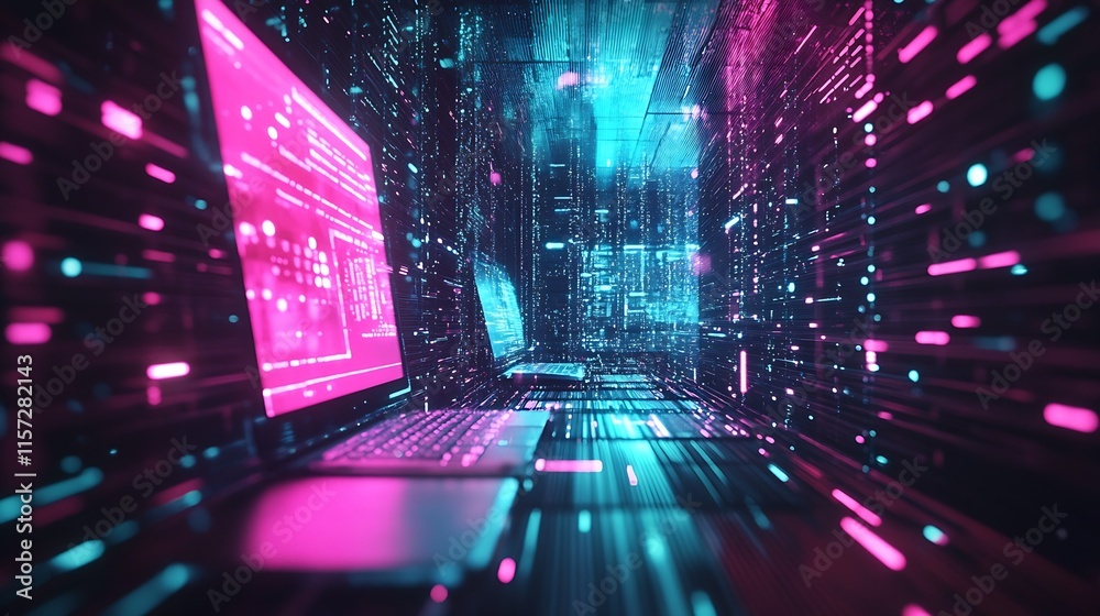 Poster futuristic digital landscape with neon pink and blue matrix of data and glowing monitors : generativ