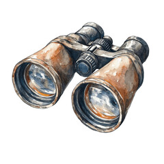 Binoculars watercolor illustration with vintage hues, showcasing tools for discovery. PNG transparent background.