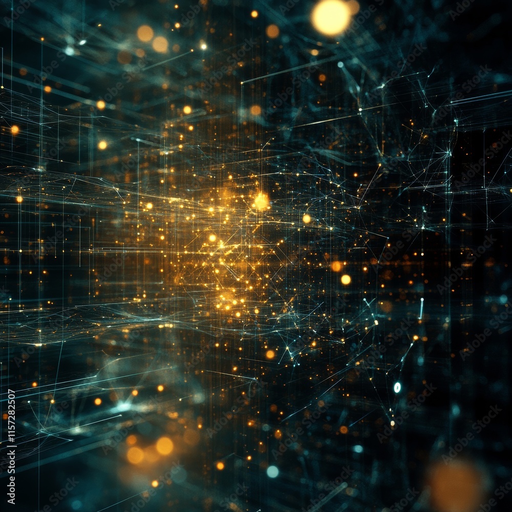 Aufkleber Digital Abstract Representation of Interconnected Nodes and Glowing Particles in a Futuristic Environment at Night